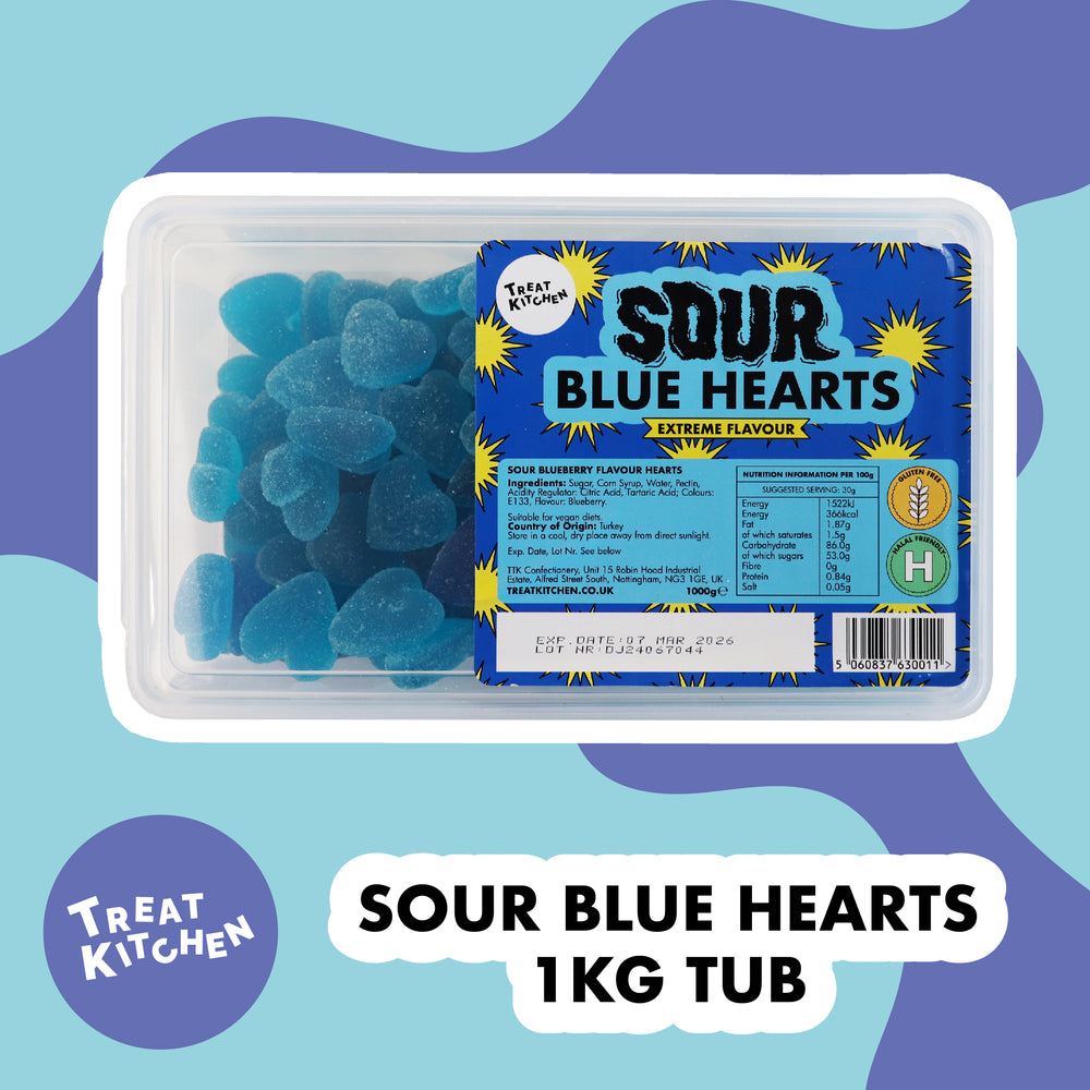 1KG of SOUR Blue Hearts Sweets (Vegan, Halal, Gluten Free)