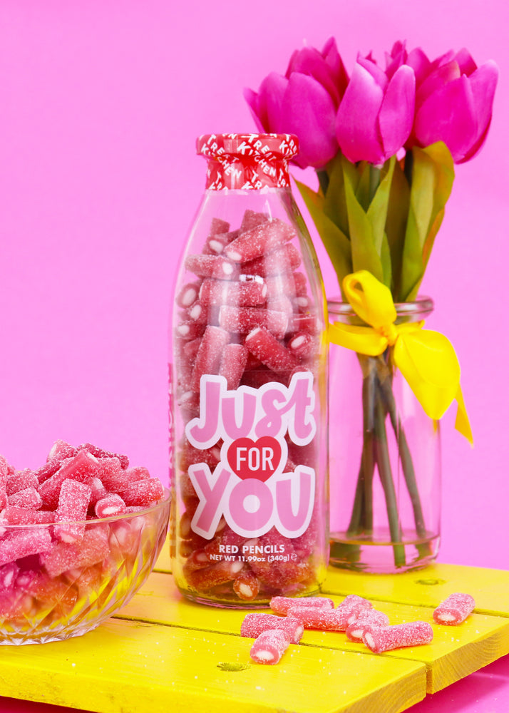 Just For You - Vegan Fizzy Strawberry Pencils Sweets in Bottle, 340g