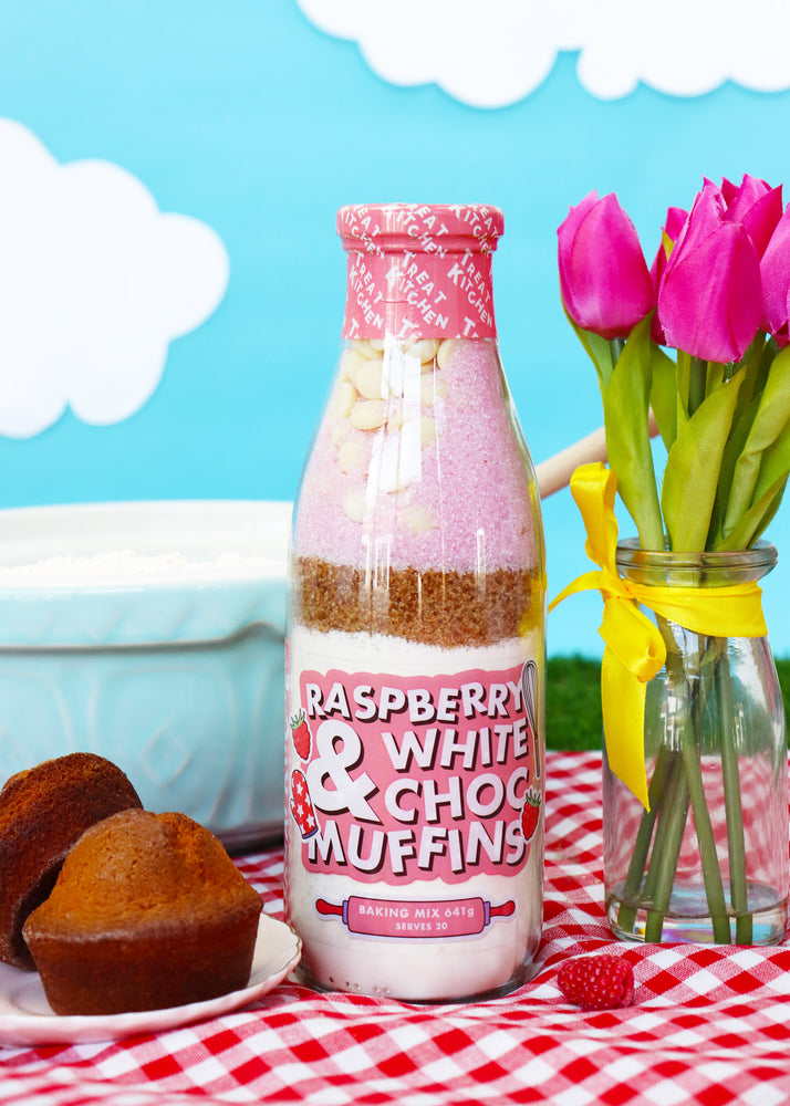 Raspberry and white chocolate muffins baking bottle