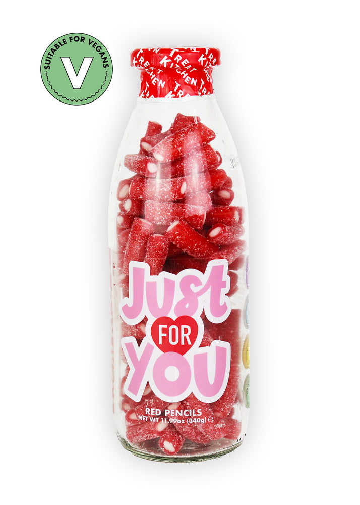 Just For You - Vegan Fizzy Strawberry Pencils Sweets in Bottle, 340g
