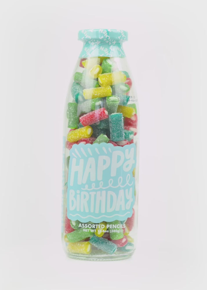 
                
                    Load and play video in Gallery viewer, Happy Birthday - Vegan Rainbow Pencils Sweets in Message Bottle, 380g
                
            